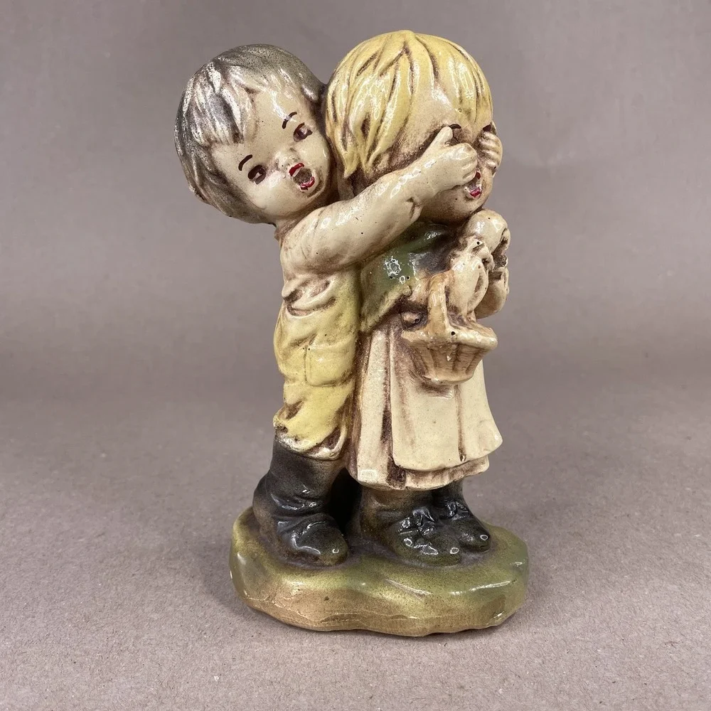 Vintage Boy Covering Girls Eyes‎ Holding Basket Figurine Surprise Yellow Green